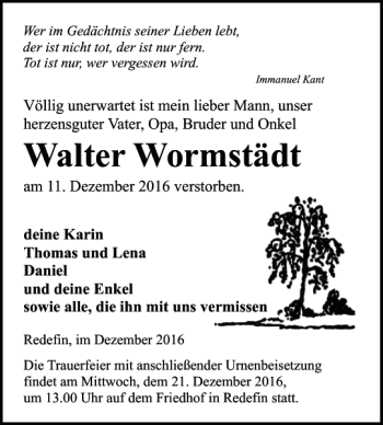 Traueranzeige von Walter Wormstädt von Hagenower Kreisblatt