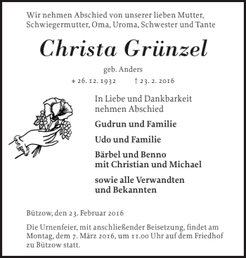 Traueranzeige von Christa Grünzel von Bützower Zeitung