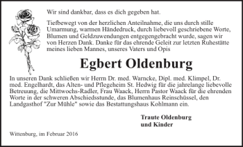 Traueranzeige von Egbert Oldenburg von Hagenower Kreisblatt