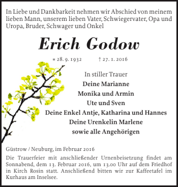 Traueranzeige von Erich Godow von Güstrower Anzeiger