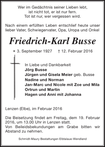 Traueranzeige von Friedrich-Karl Busse von Der Prignitzer