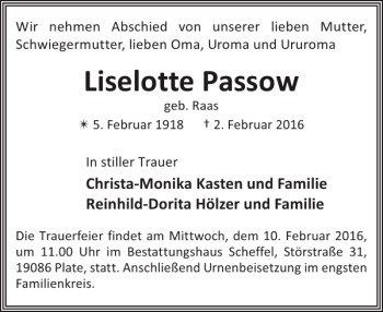 Traueranzeige von Liselotte Passow von Zeitung für die Landeshauptstadt