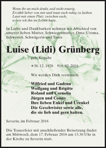 Traueranzeige von Luise Lidi Grünberg von Parchimer Zeitung