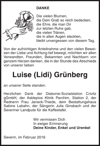 Traueranzeige von Luise Lidi Grünberg von Parchimer Zeitung