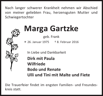 Traueranzeige von Marga Gartzke von Zeitung für die Landeshauptstadt