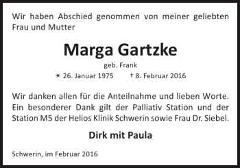 Traueranzeige von Marga Gartzke von Zeitung für die Landeshauptstadt