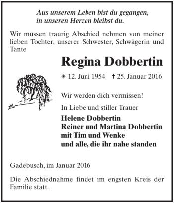 Traueranzeige von Regina Dobbertin von Gadebusch-Rehnaer Zeitung