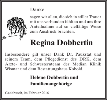 Traueranzeige von Regina Dobbertin von Gadebusch-Rehnaer Zeitung