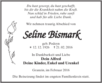 Traueranzeige von Seline Bismark von Parchimer Zeitung