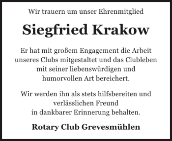 Traueranzeige von Siegfried Krakow von Gadebusch-Rehnaer Zeitung