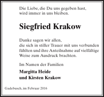 Traueranzeige von Siegfried Krakow von Gadebusch-Rehnaer Zeitung