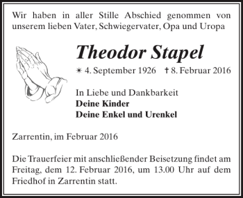 Traueranzeige von Theodor Stapel von Hagenower Kreisblatt