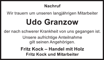 Traueranzeige von Udo Granzow von Der Prignitzer