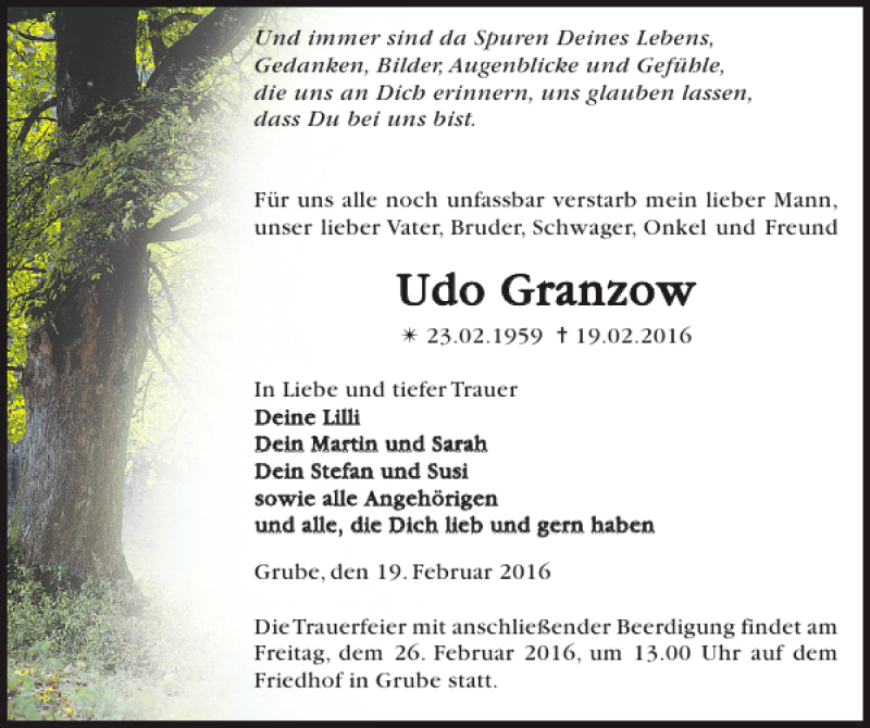  Traueranzeige für Udo Granzow vom 24.02.2016 aus Der Prignitzer