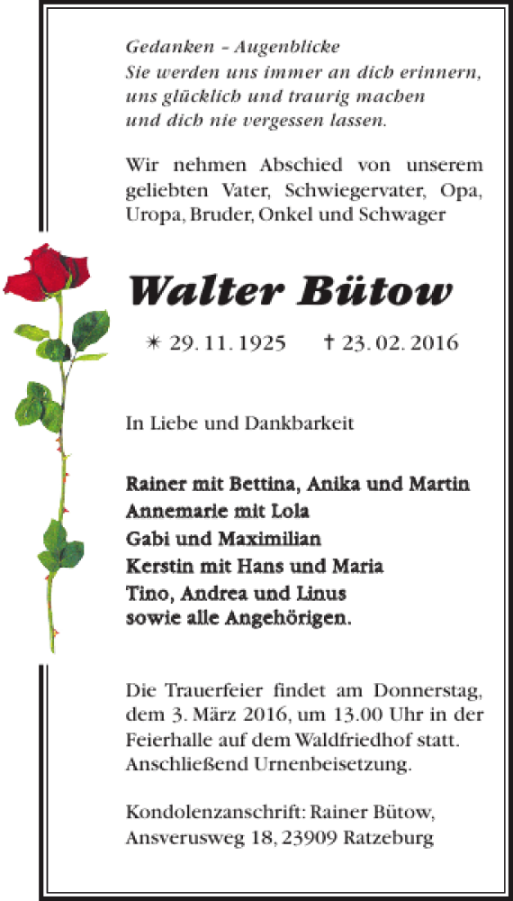  Traueranzeige für Walter Bütow vom 27.02.2016 aus Zeitung für die Landeshauptstadt