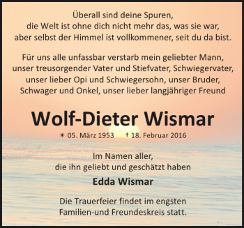 Traueranzeige von Wolf-Dieter Wismar von Zeitung für die Landeshauptstadt