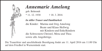 Traueranzeige von Annemarie Amelong von Norddeutsche Neueste Nachrichten