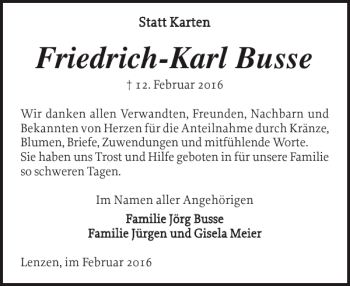 Traueranzeige von Friedrich-Karl Busse von Der Prignitzer