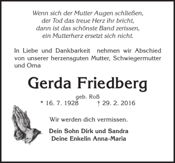 Traueranzeige von Gerda Friedberg von Bützower Zeitung