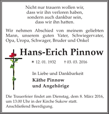 Traueranzeige von Hans-Erich Pinnow von Zeitung für die Landeshauptstadt