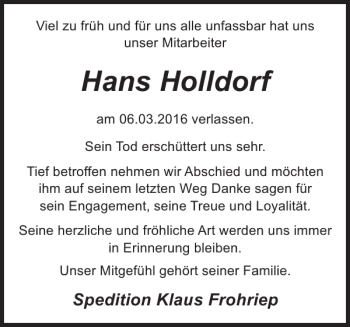 Traueranzeige von Hans Holldorf von Zeitung für die Landeshauptstadt