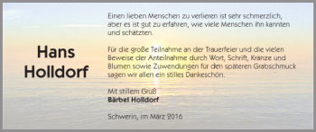 Traueranzeige von Hans Holldorf von Zeitung für die Landeshauptstadt