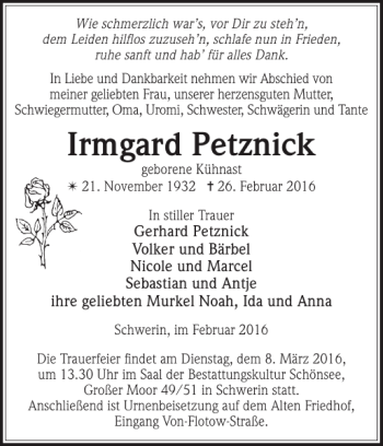 Traueranzeige von Irmgard Petznick von Zeitung für die Landeshauptstadt