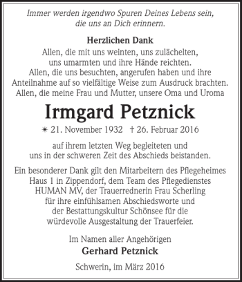 Traueranzeige von Irmgard Petznick von Zeitung für die Landeshauptstadt