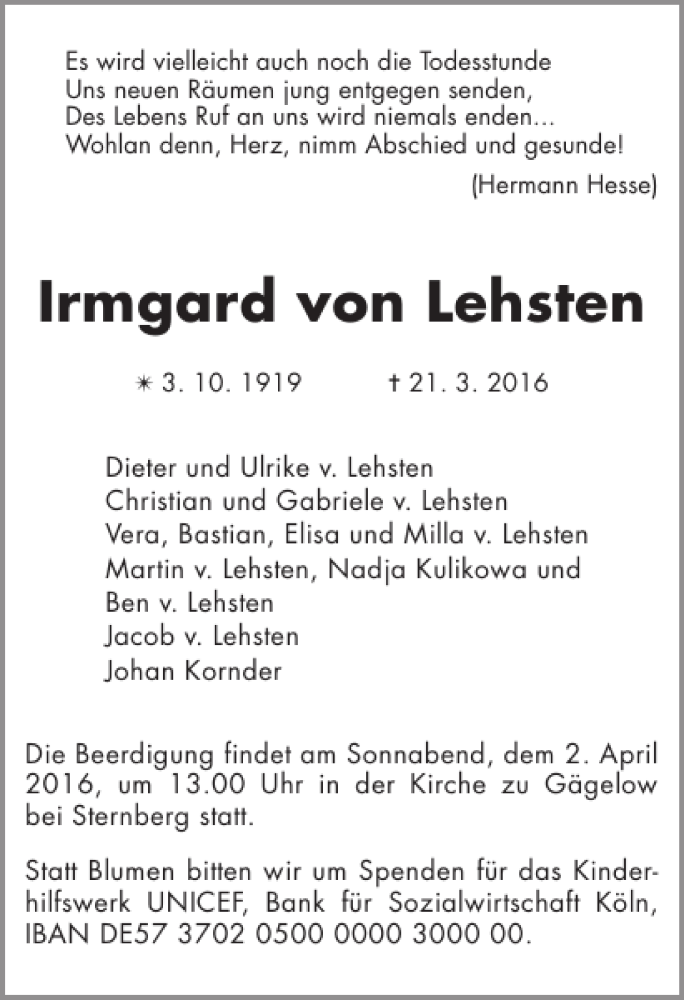  Traueranzeige für Irmgard von Lehsten vom 24.03.2016 aus Anzeiger für Sternberg - Brüel - Warin