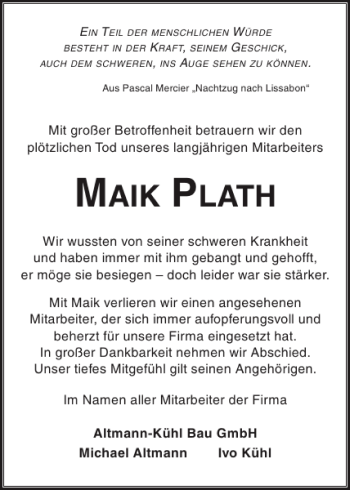 Traueranzeige von MAIK PLATH von Güstrower Anzeiger