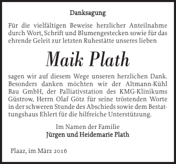 Traueranzeige von Maik Plath von Güstrower Anzeiger