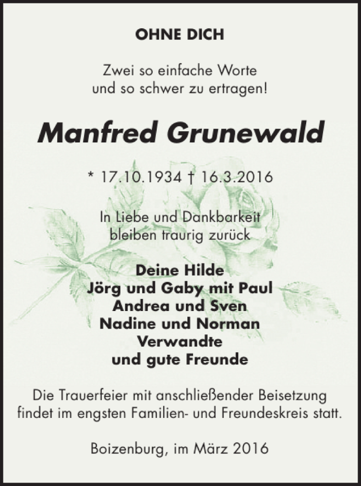  Traueranzeige für Manfred Grunewald vom 22.03.2016 aus Hagenower Kreisblatt