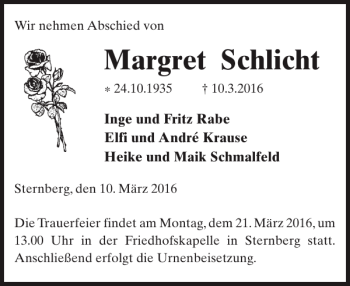 Traueranzeige von Margret Schlicht von Anzeiger für Sternberg - Brüel - Warin