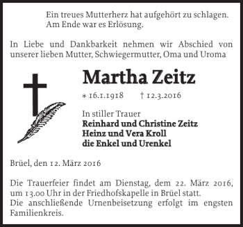 Traueranzeige von Martha Zeitz von Anzeiger für Sternberg - Brüel - Warin