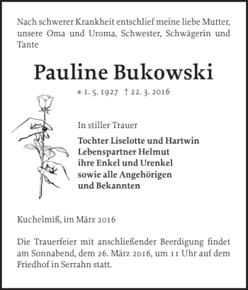 Traueranzeige von Pauline Bukowski von Güstrower Anzeiger