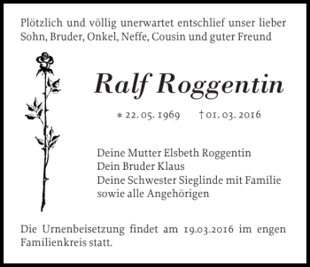 Traueranzeige von Ralf Roggentin von Zeitung für die Landeshauptstadt