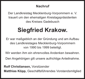 Traueranzeige von Siegfried Krakow von Gadebusch-Rehnaer Zeitung