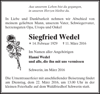 Traueranzeige von Siegfried Wedel von Zeitung für die Landeshauptstadt