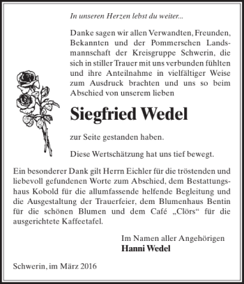 Traueranzeige von Siegfried Wedel von Zeitung für die Landeshauptstadt