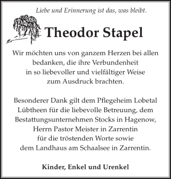 Traueranzeige von Theodor Stapel von Hagenower Kreisblatt