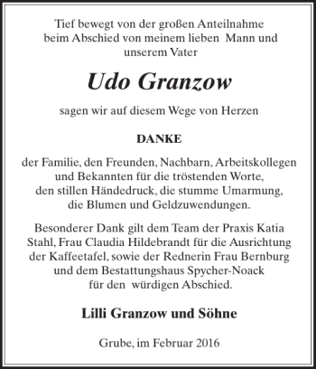 Traueranzeige von Udo Granzow von Der Prignitzer