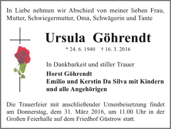 Traueranzeige von Ursula Göhrendt von Güstrower Anzeiger