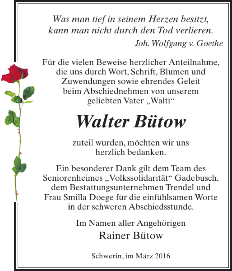  Traueranzeige für Walter Bütow vom 12.03.2016 aus Zeitung für die Landeshauptstadt