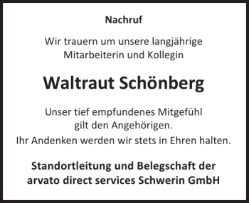 Traueranzeige von Waltraut Schönberg von Zeitung für Lübz - Goldberg - Plau