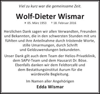 Traueranzeige von Wolf-Dieter Wismar von Zeitung für die Landeshauptstadt