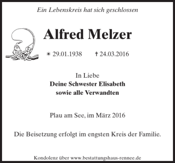 Traueranzeige von Alfred Melzer von Zeitung für Lübz - Goldberg - Plau