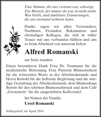 Traueranzeige von Alfred Romanski von Gadebusch-Rehnaer Zeitung