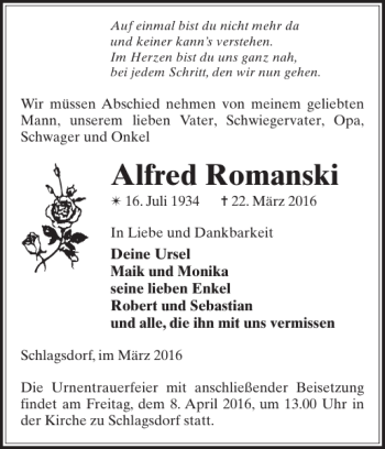 Traueranzeige von Alfred Romanski von Gadebusch-Rehnaer Zeitung