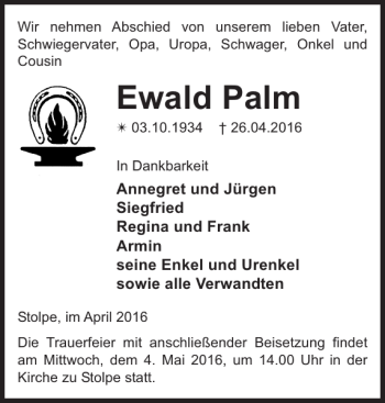 Traueranzeige von Ewald Palm von Parchimer Zeitung