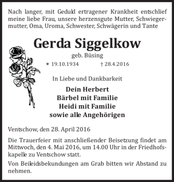 Traueranzeige von Gerda Siggelkow von Anzeiger für Sternberg - Brüel - Warin